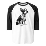 Boston Terrier Line Art 3/4 Sleeve Raglan Shirt . White Black