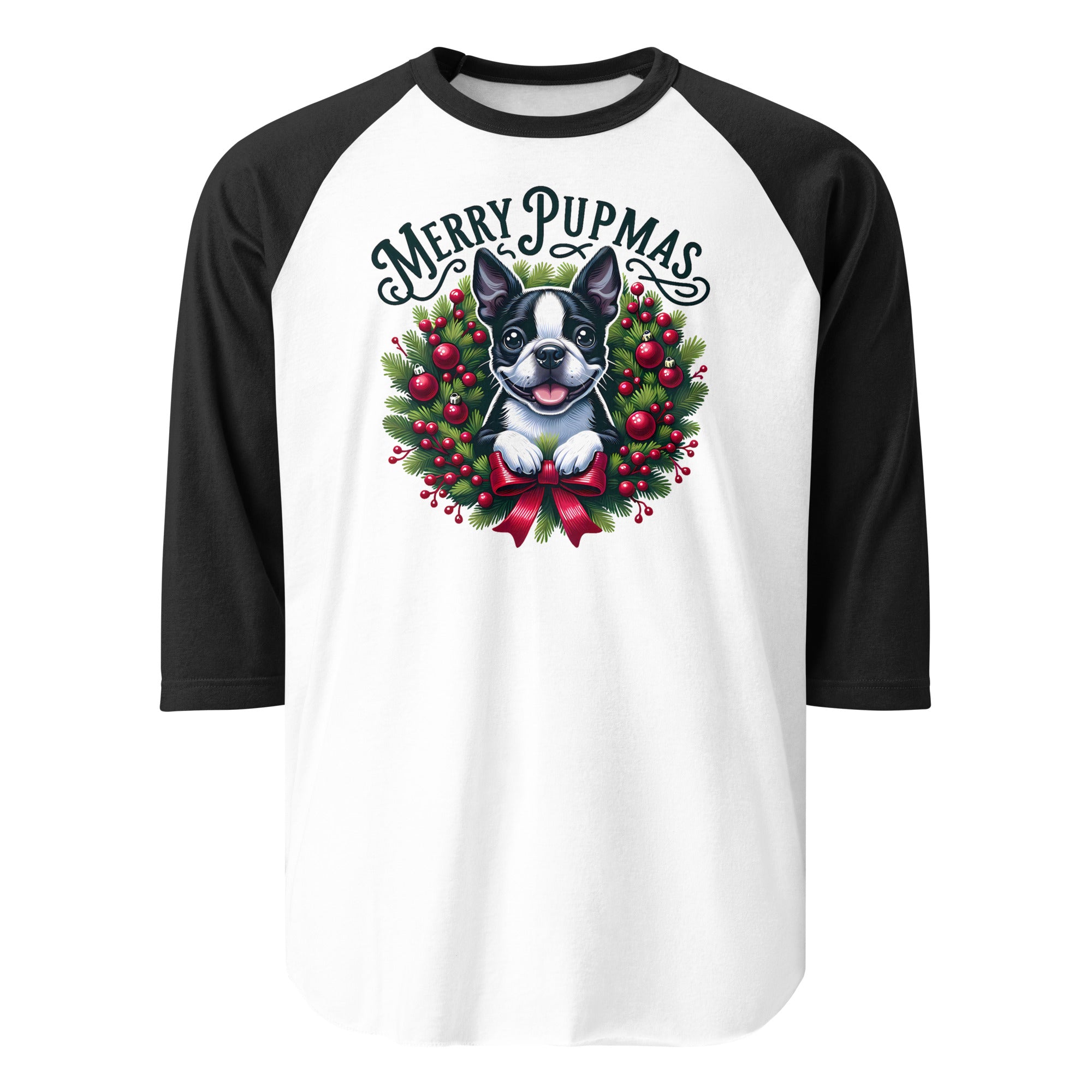 Merry Pupmas 3/4 Sleeve Raglan Shirt . White Black