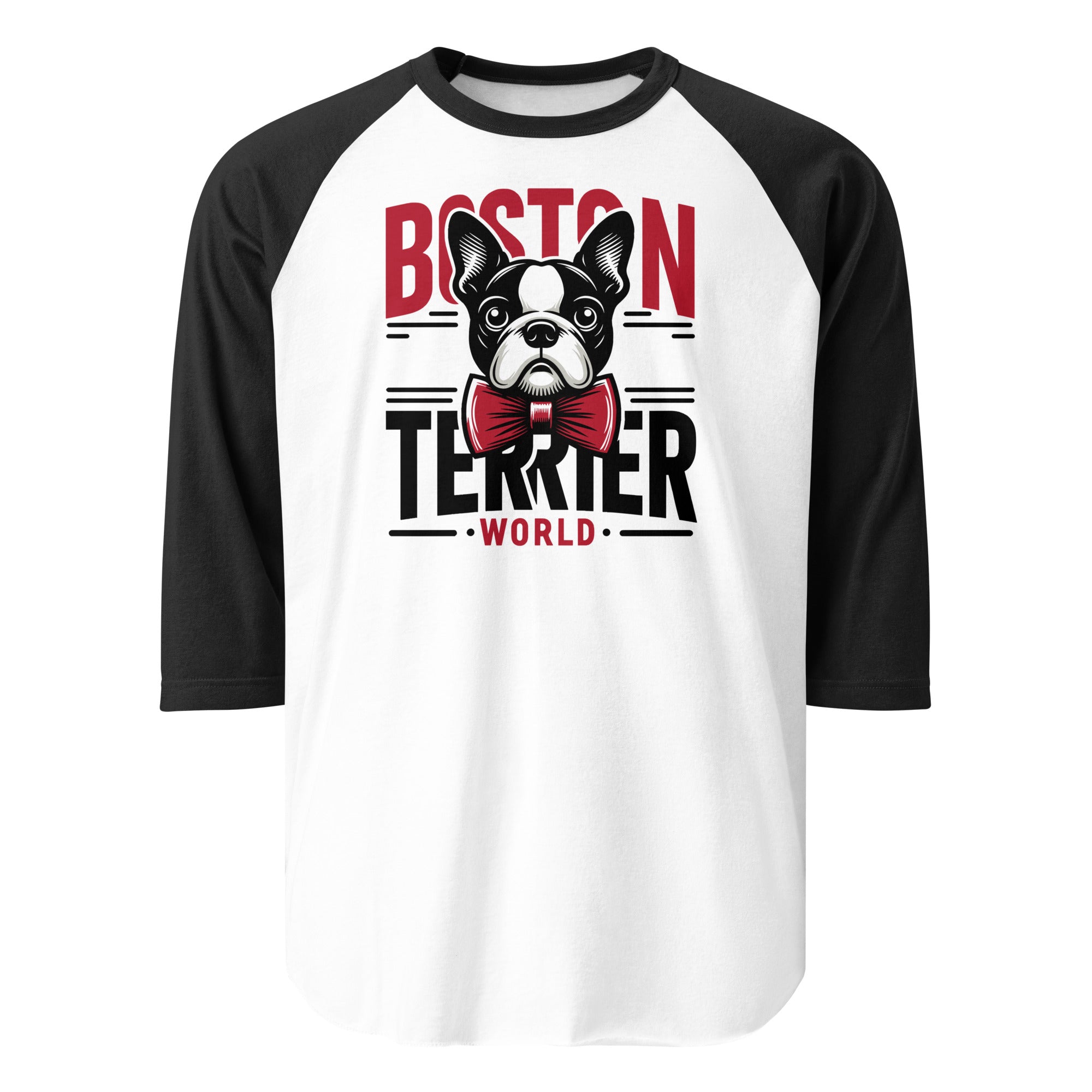 Boston Terrier World 3/4 Sleeve Raglan Shirt . White Black