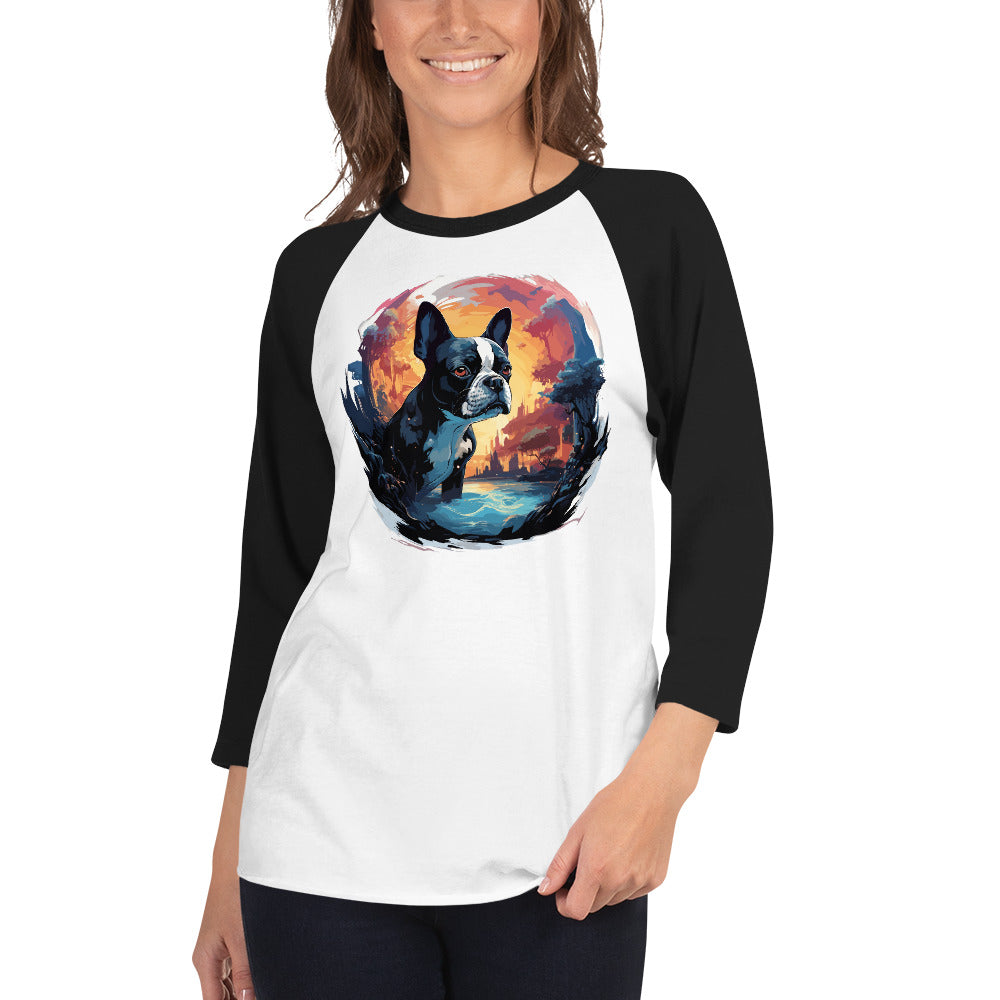 Artistic Representation Of A Boston Terrier 3/4 Sleeve Raglan Shirt .