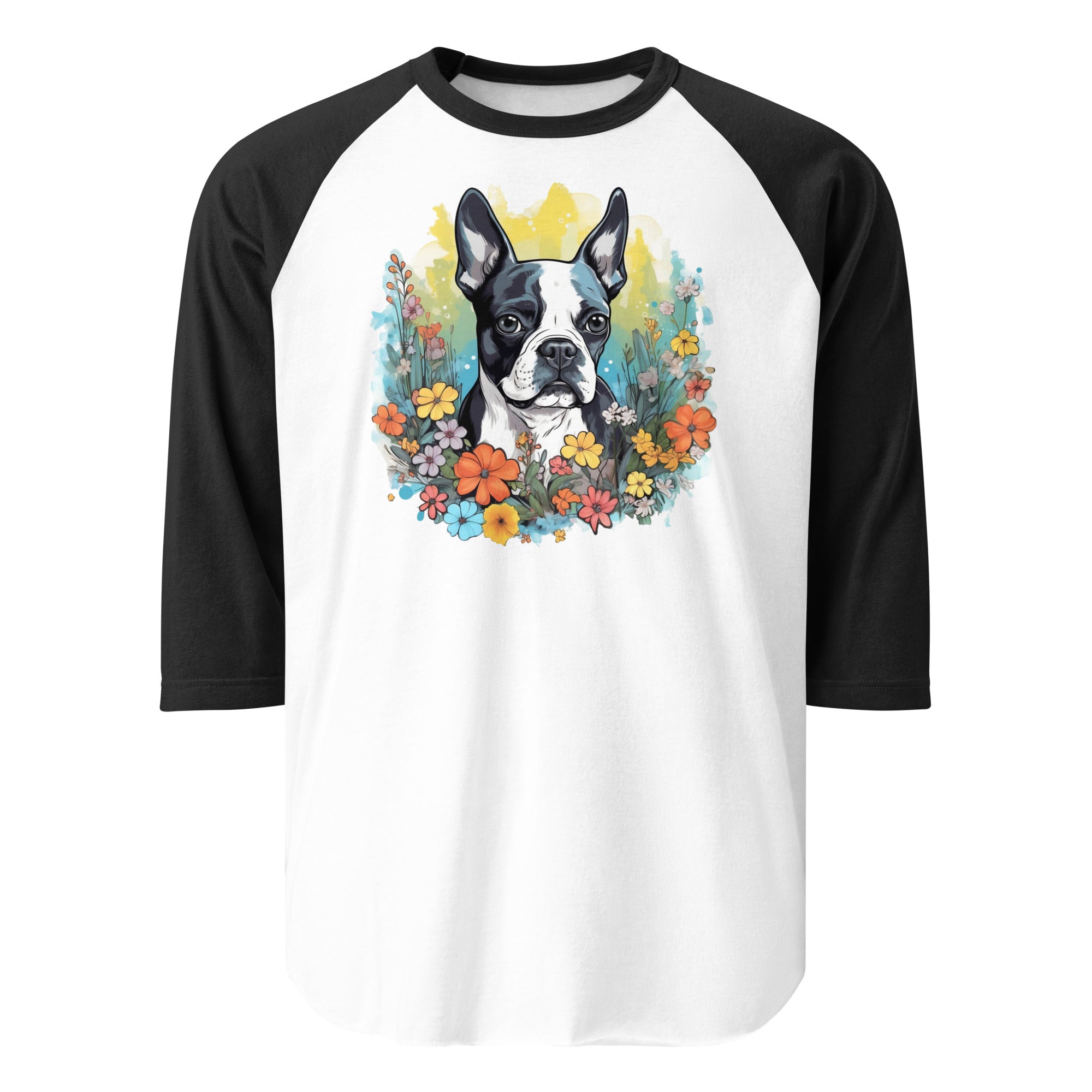 Boston Terrier Surrounded By Flowers 3/4 Sleeve Raglan Shirt . White Black