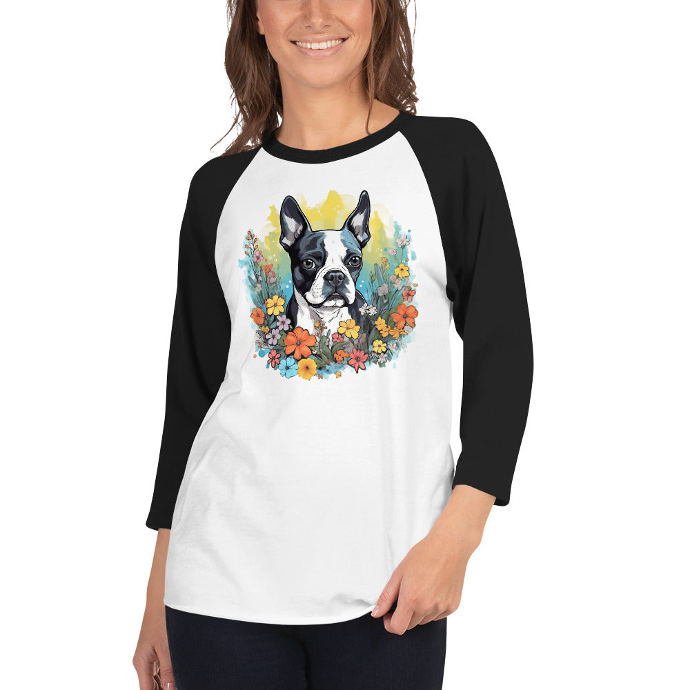 Boston Terrier Surrounded By Flowers 3/4 Sleeve Raglan Shirt .