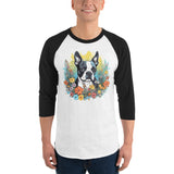 Boston Terrier Surrounded By Flowers 3/4 Sleeve Raglan Shirt .