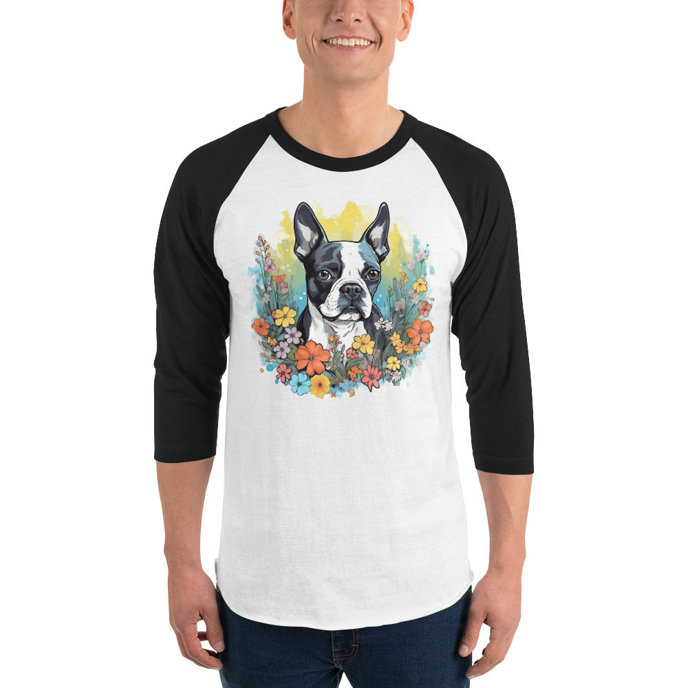 Boston Terrier Surrounded By Flowers 3/4 Sleeve Raglan Shirt .