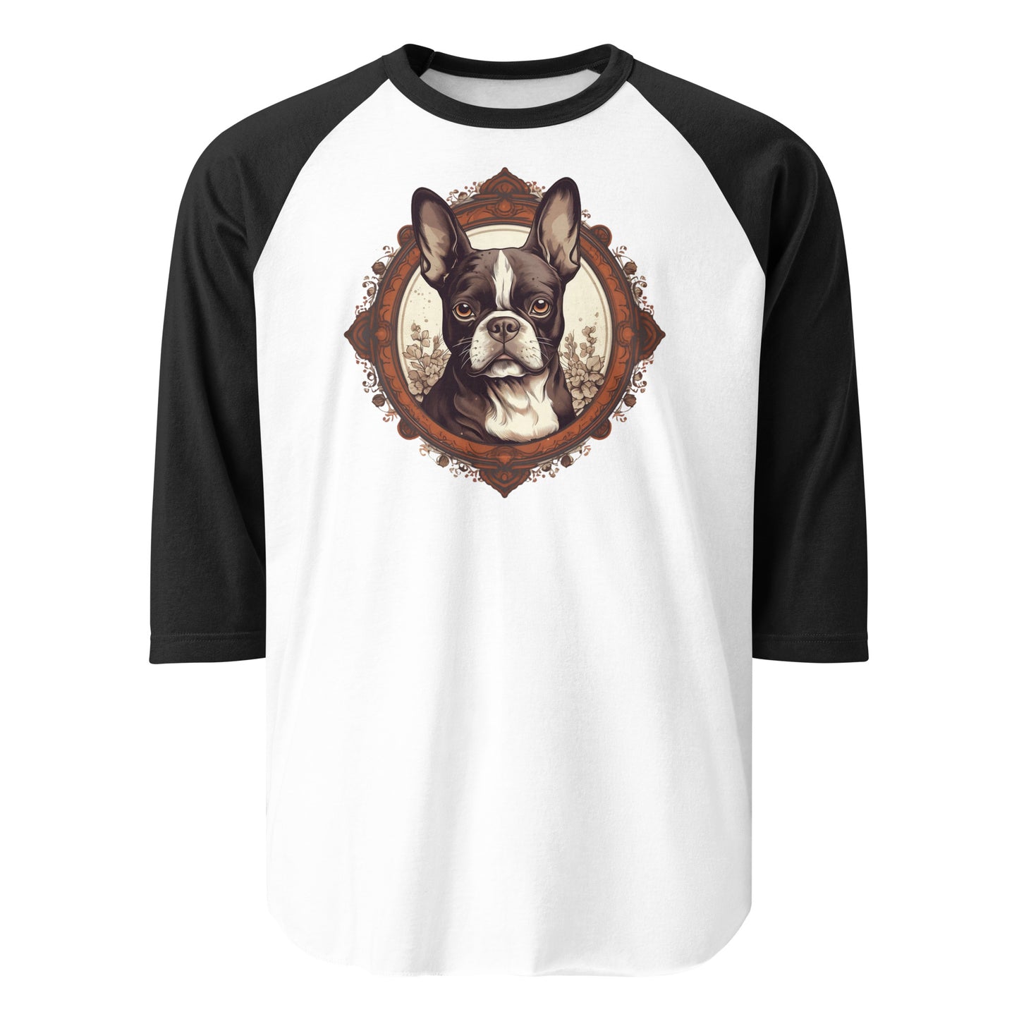 Vintage-Inspired Red Brown Boston Terrier 3/4 Sleeve Raglan Shirt . White Black