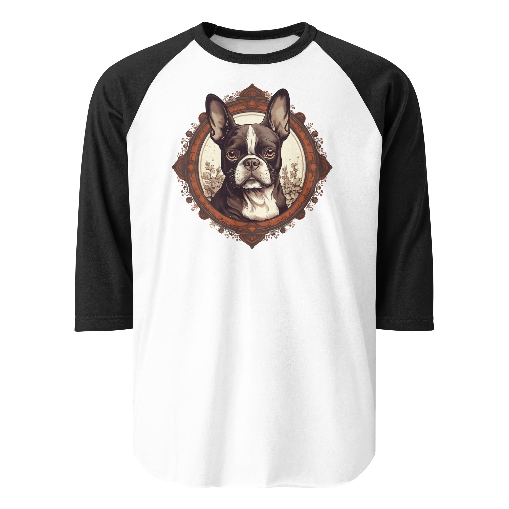 Vintage-Inspired Red Brown Boston Terrier 3/4 Sleeve Raglan Shirt . White Black