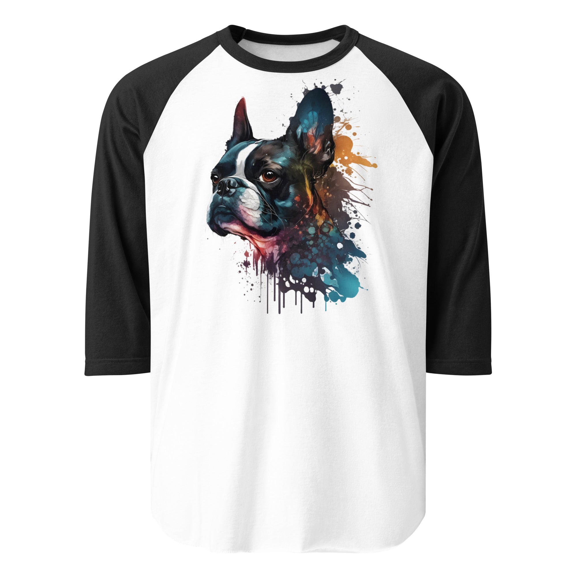 Boston Terrier Art 3/4 Sleeve Raglan Shirt . White Black
