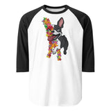 Floral Boston Terrier Dog 3/4 Sleeve Raglan Shirt . White Black