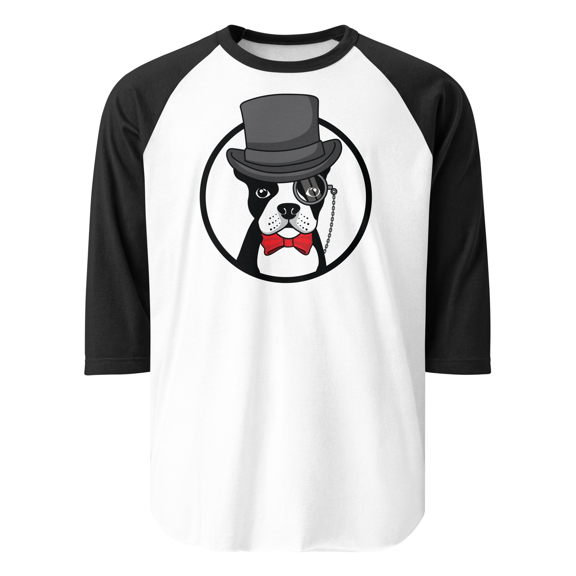 The Gentleman Boston Terrier Dog 3/4 Sleeve Raglan Shirt . White Black