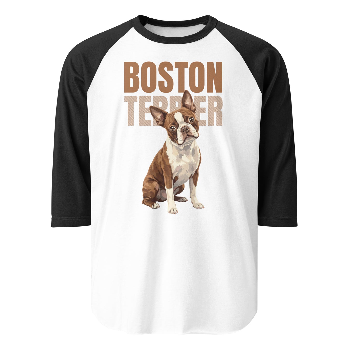 Brown Boston Terrier Dog 3/4 Sleeve Raglan Shirt . White Black