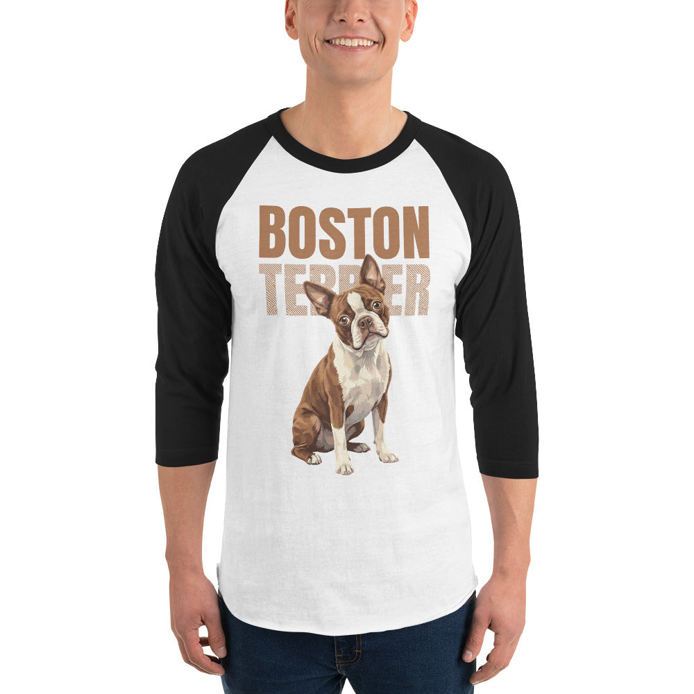 Brown Boston Terrier Dog 3/4 Sleeve Raglan Shirt .