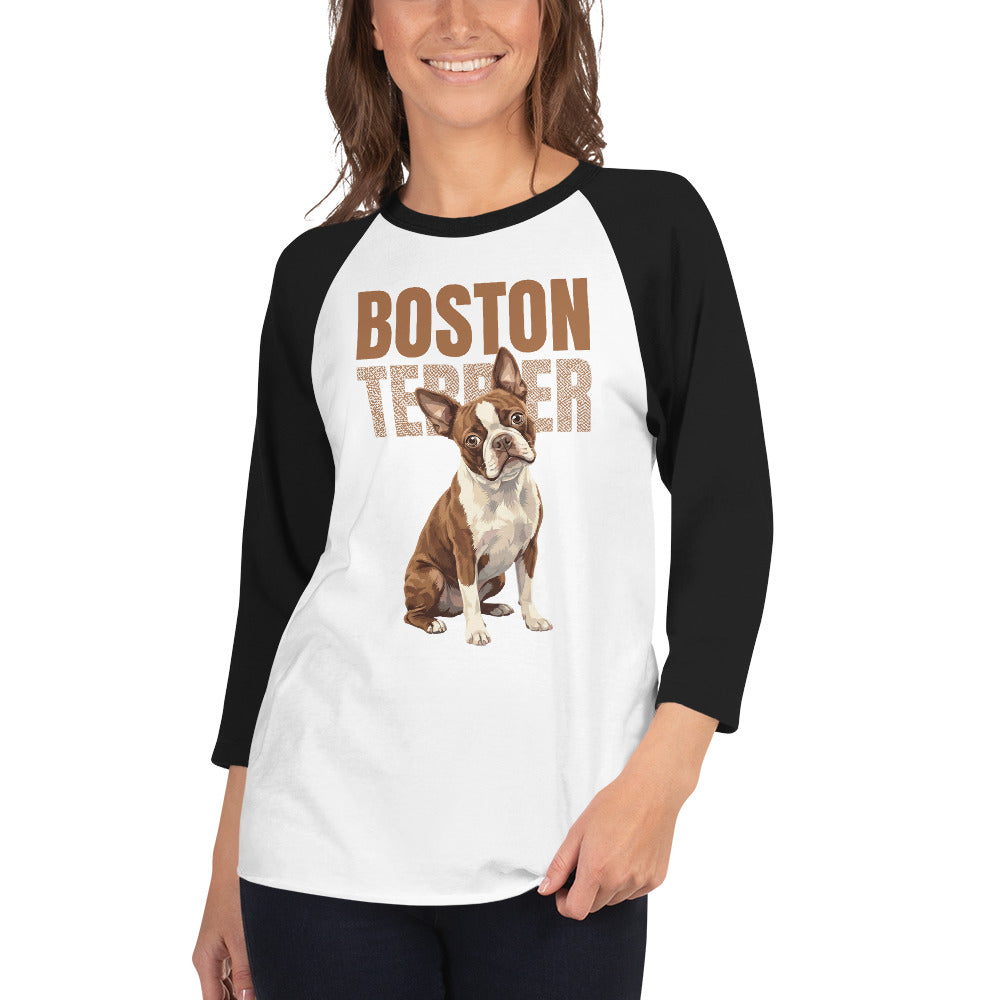 Brown Boston Terrier Dog 3/4 Sleeve Raglan Shirt .