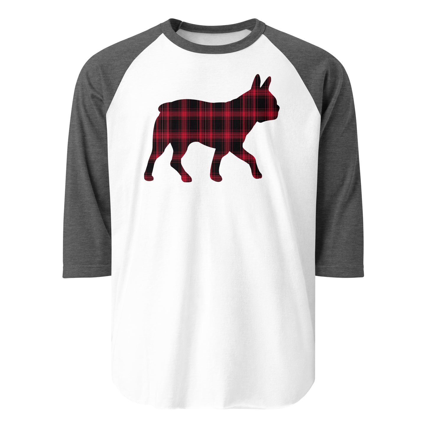 Red Plaid Boston Terrier Dog Silhouette 3/4 Sleeve Raglan Shirt . White Heather Charcoal