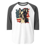 USA Flag United States Boston Terrier Dog 3/4 Sleeve Raglan Shirt . White Heather Charcoal