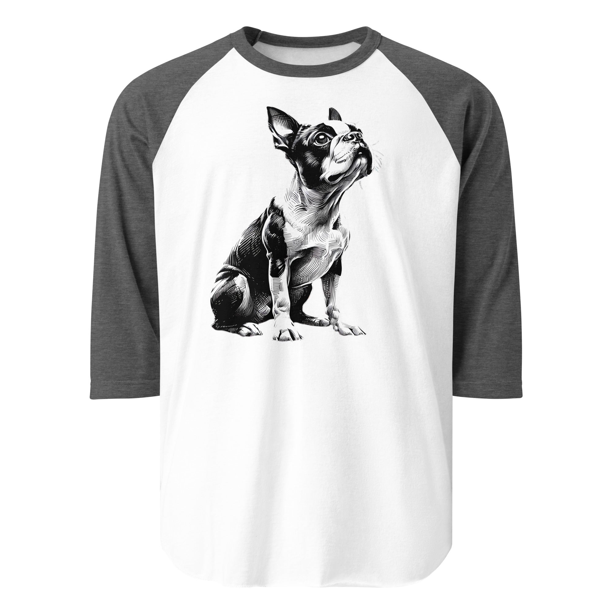 Boston Terrier Line Art 3/4 Sleeve Raglan Shirt . White Heather Charcoal
