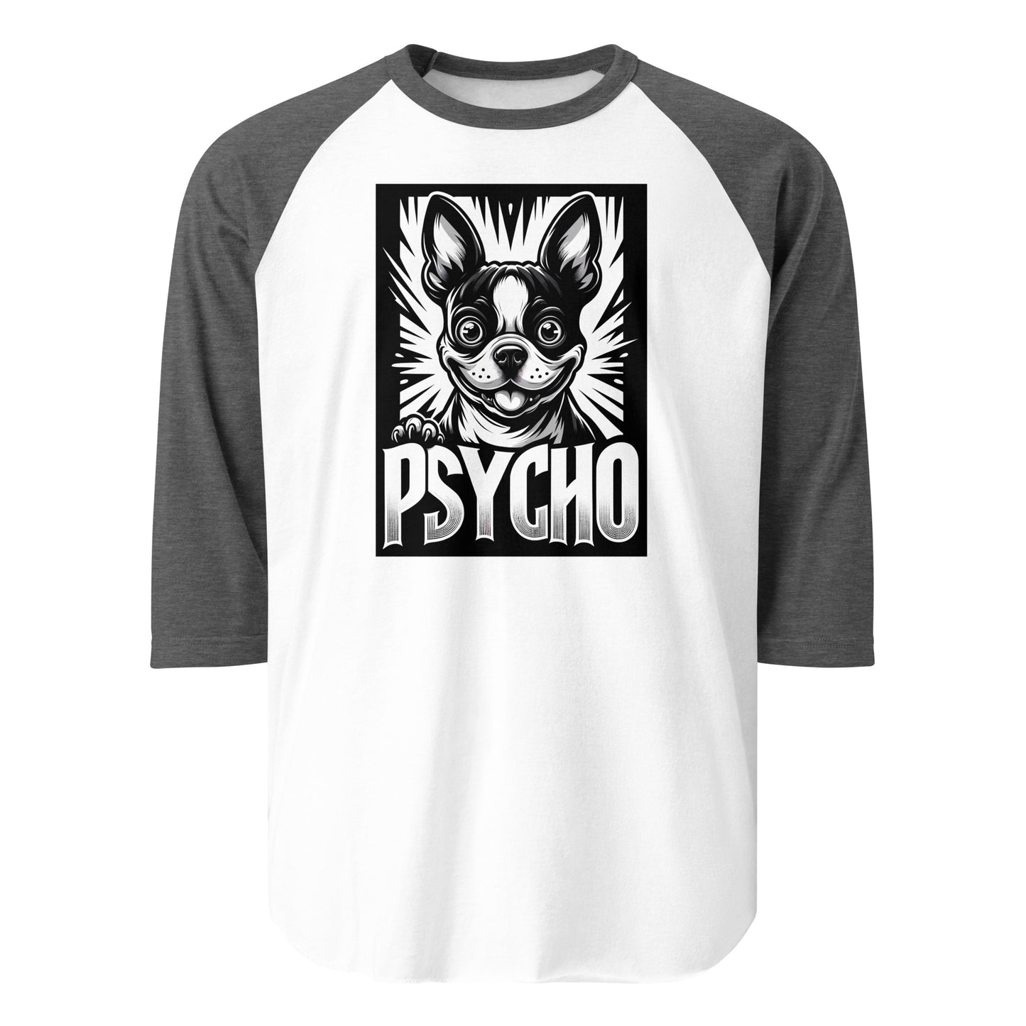 Psycho Boston Terrier Dog 3/4 Sleeve Raglan Shirt . White Heather Charcoal