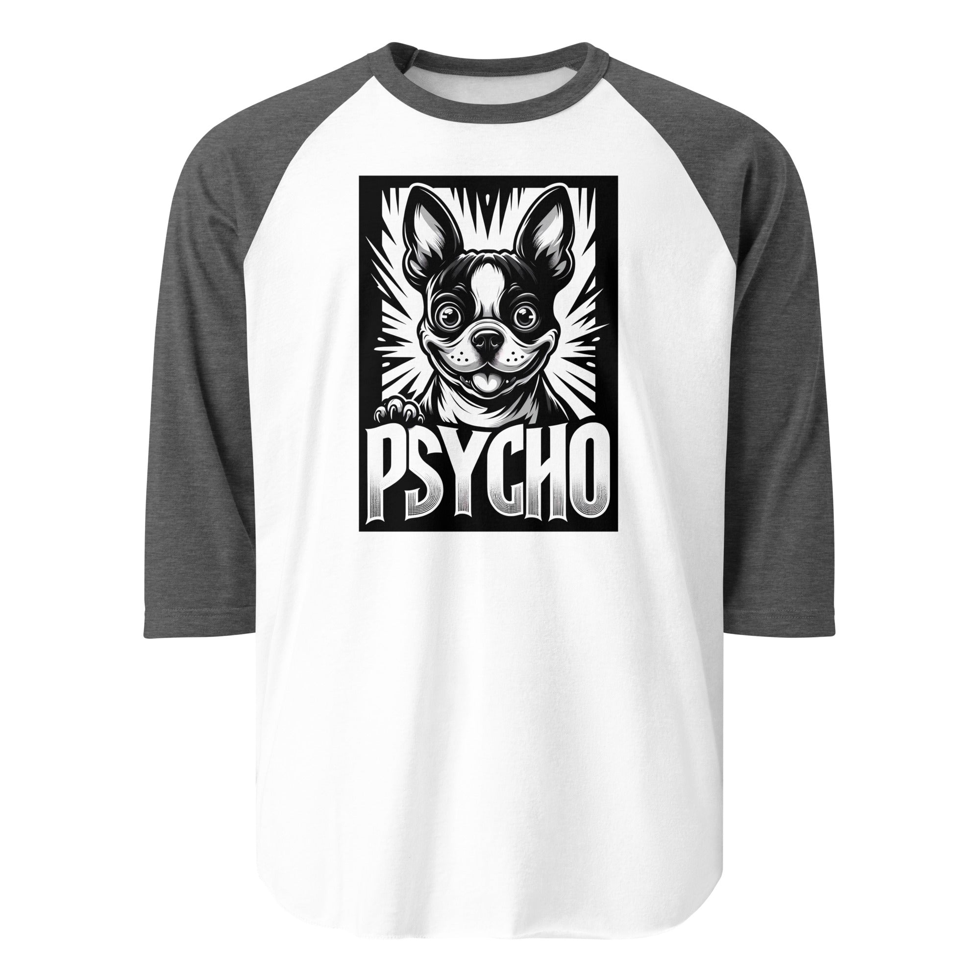 Psycho Boston Terrier Dog 3/4 Sleeve Raglan Shirt . White Heather Charcoal