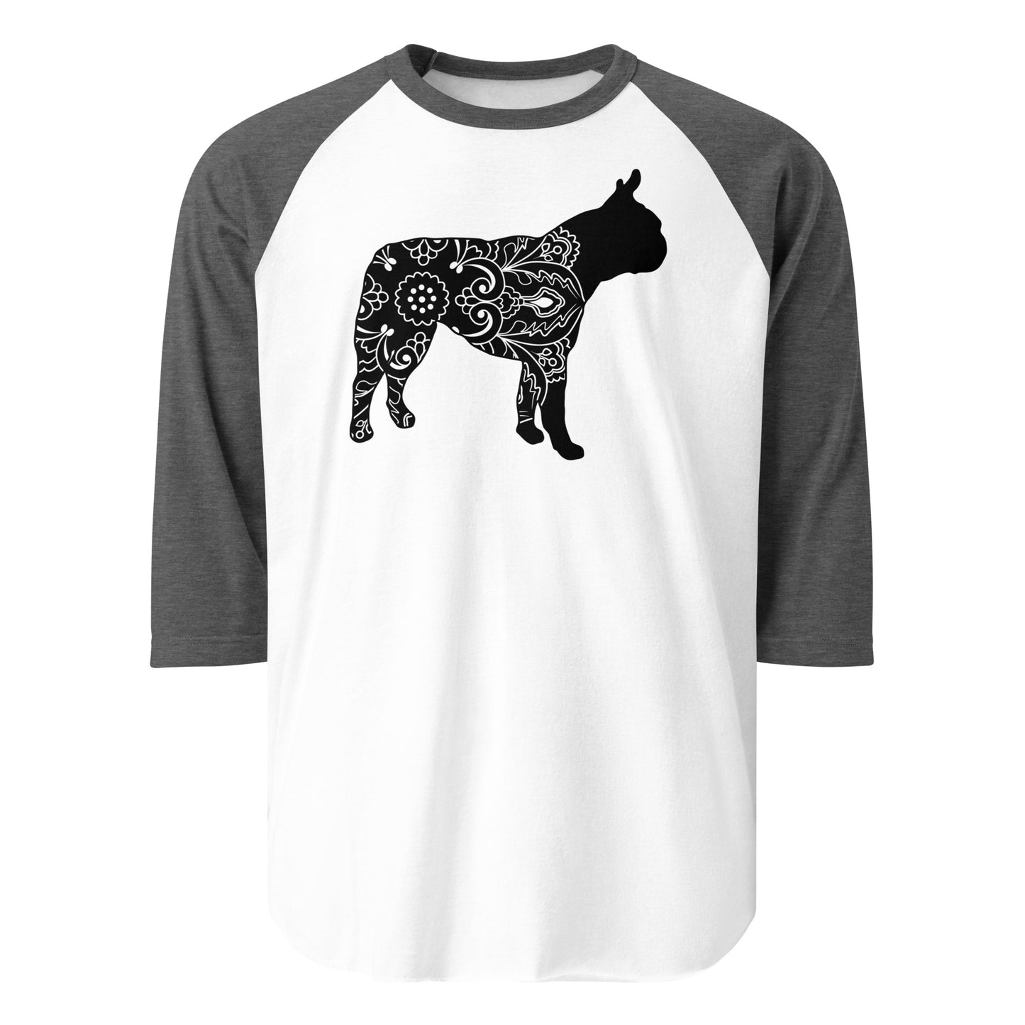 Boston Terrier Mandala 3/4 Sleeve Raglan Shirt . White Heather Charcoal
