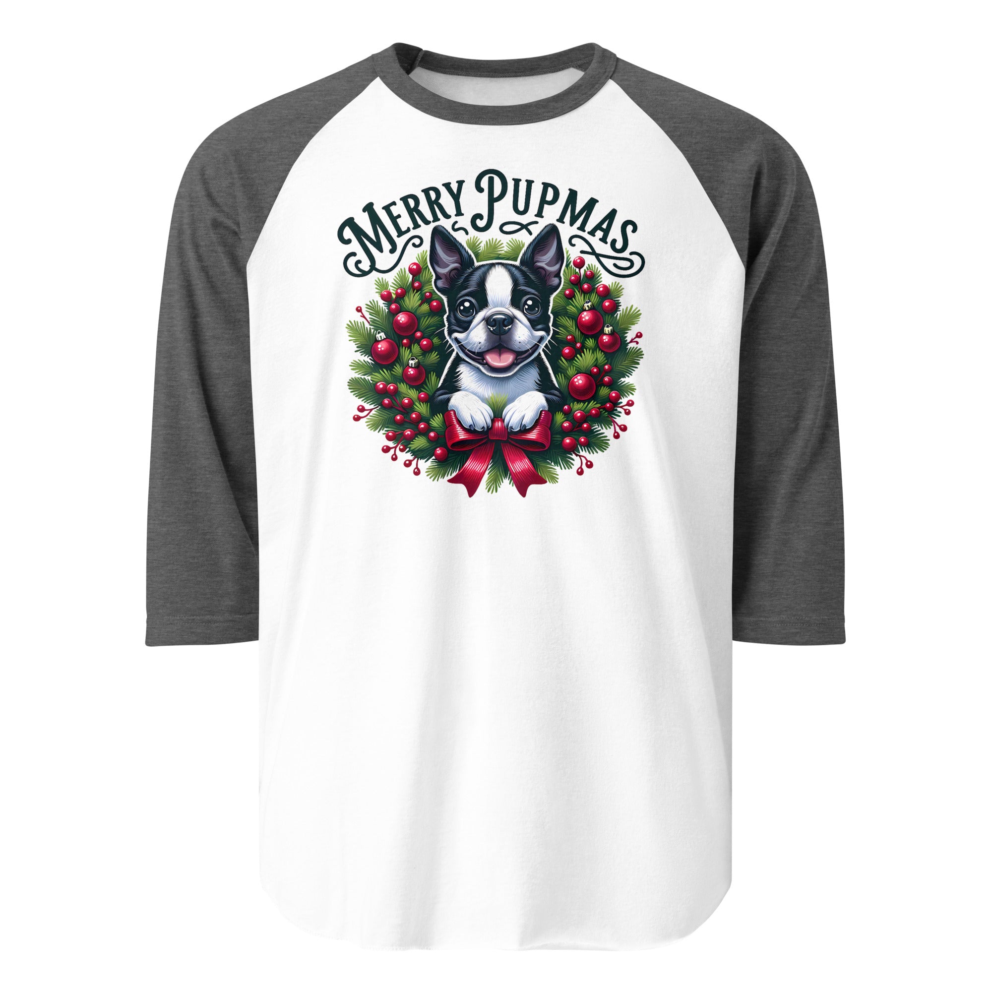 Merry Pupmas 3/4 Sleeve Raglan Shirt . White Heather Charcoal