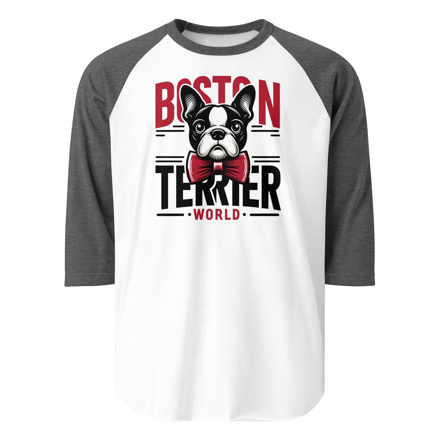 Boston Terrier World 3/4 Sleeve Raglan Shirt . White Heather Charcoal