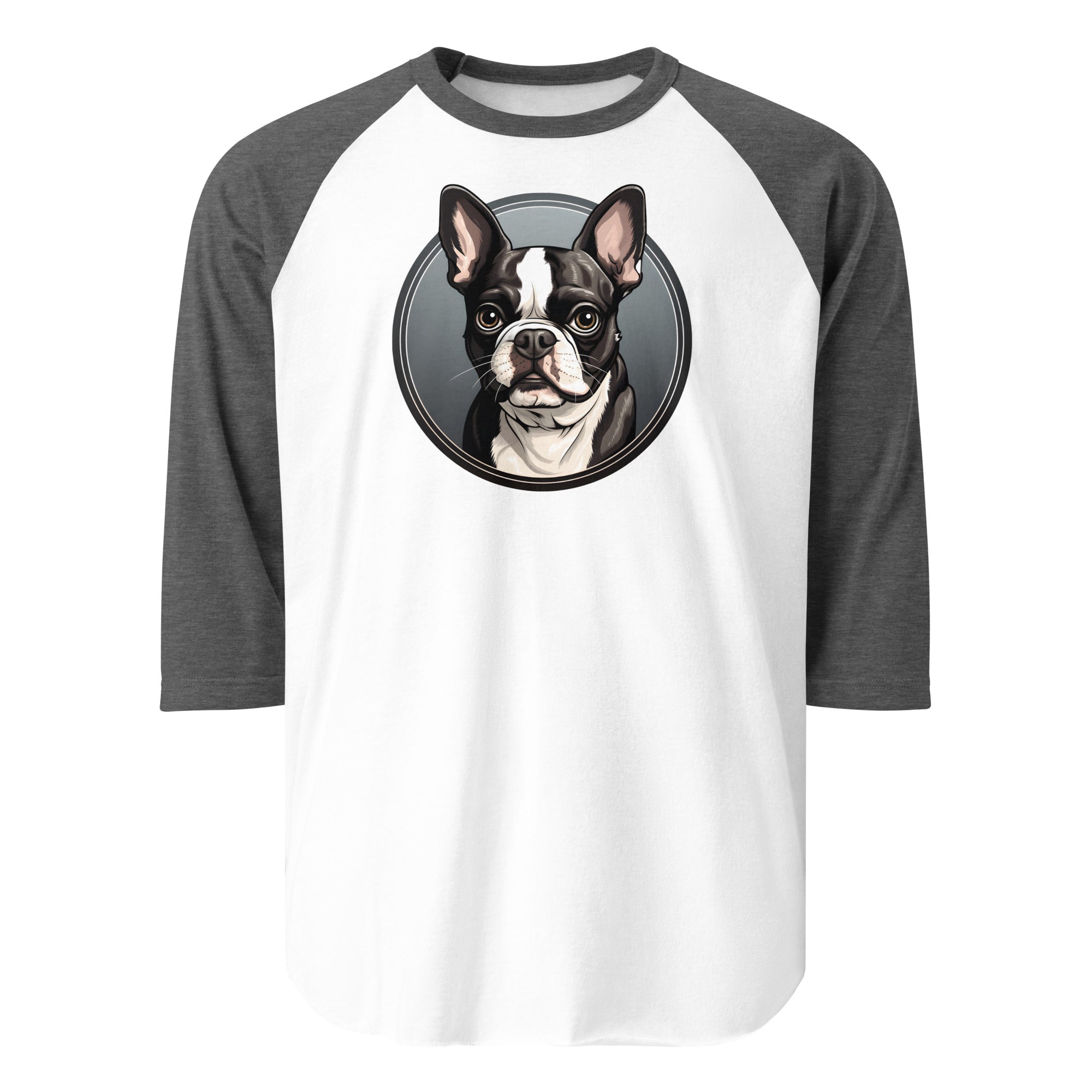 Cartoon Boston Terrier Dog Portrait 3/4 Sleeve Raglan Shirt . White Heather Charcoal