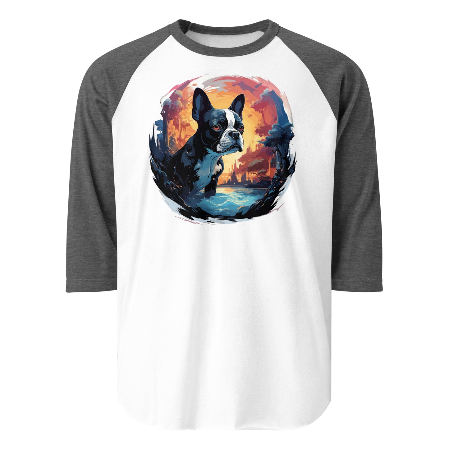 Artistic Representation Of A Boston Terrier 3/4 Sleeve Raglan Shirt . White Heather Charcoal