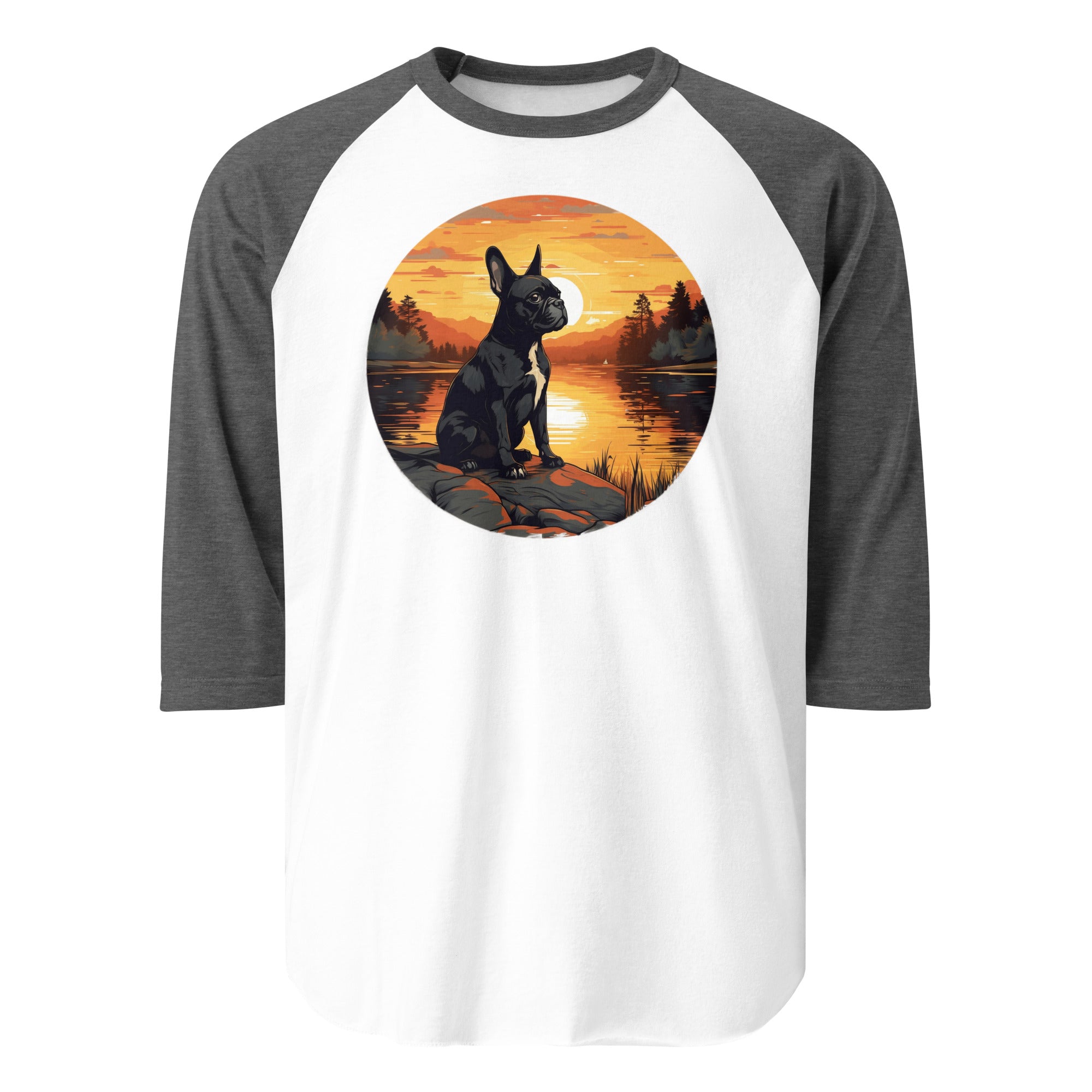 Boston Terrier Sitting By A Calm Lake 3/4 Sleeve Raglan Shirt . White Heather Charcoal