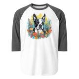 Boston Terrier Surrounded By Flowers 3/4 Sleeve Raglan Shirt . White Heather Charcoal
