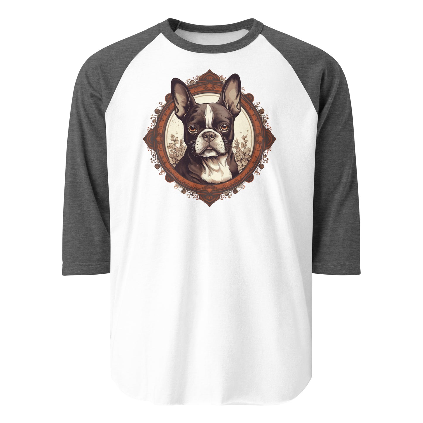 Vintage-Inspired Red Brown Boston Terrier 3/4 Sleeve Raglan Shirt . White Heather Charcoal