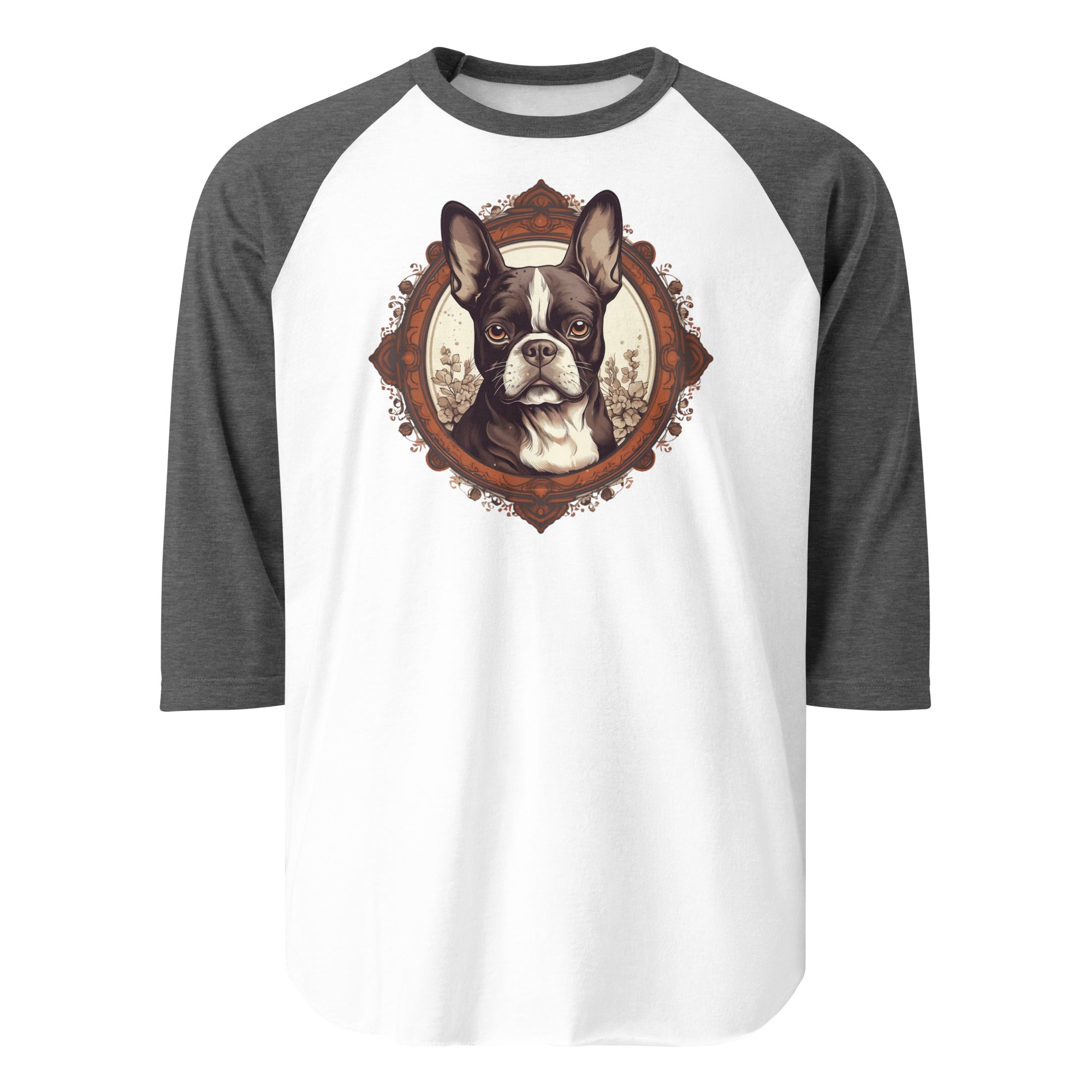 Vintage-Inspired Red Brown Boston Terrier 3/4 Sleeve Raglan Shirt . White Heather Charcoal