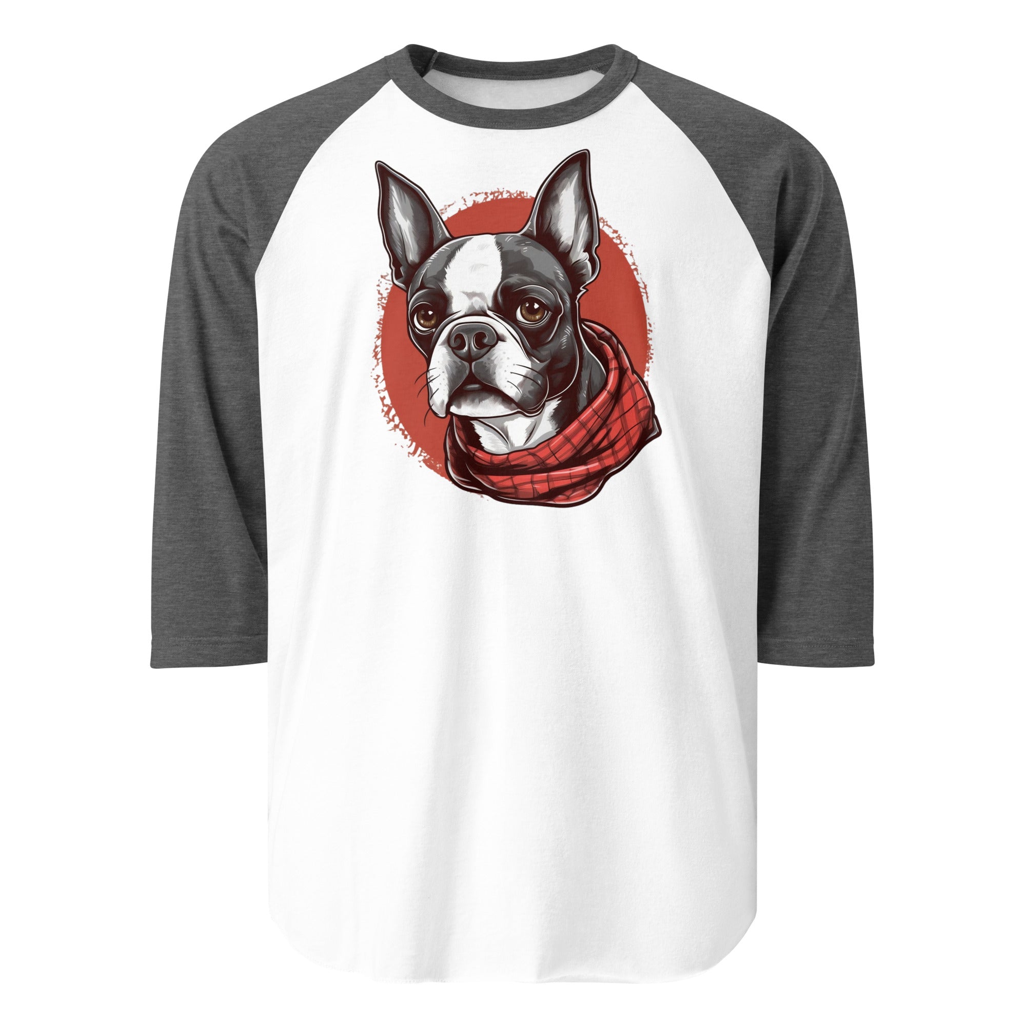 Boston Terrier Red Bandana 3/4 Sleeve Raglan Shirt . White Heather Charcoal