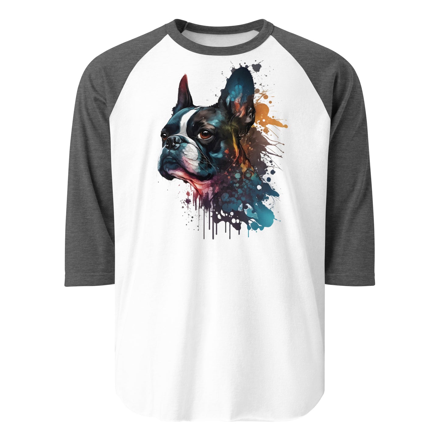 Boston Terrier Art 3/4 Sleeve Raglan Shirt . White Heather Charcoal
