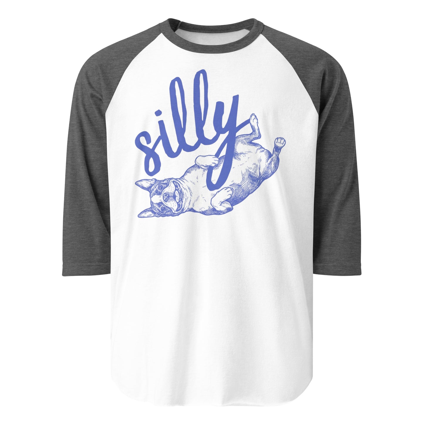 Silly Boston Terrier Dog Upside Down 3/4 Sleeve Raglan Shirt . White Heather Charcoal