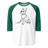 Line Drawn Boston Terrier Dog 3/4 Sleeve Raglan Shirt . White Kelly