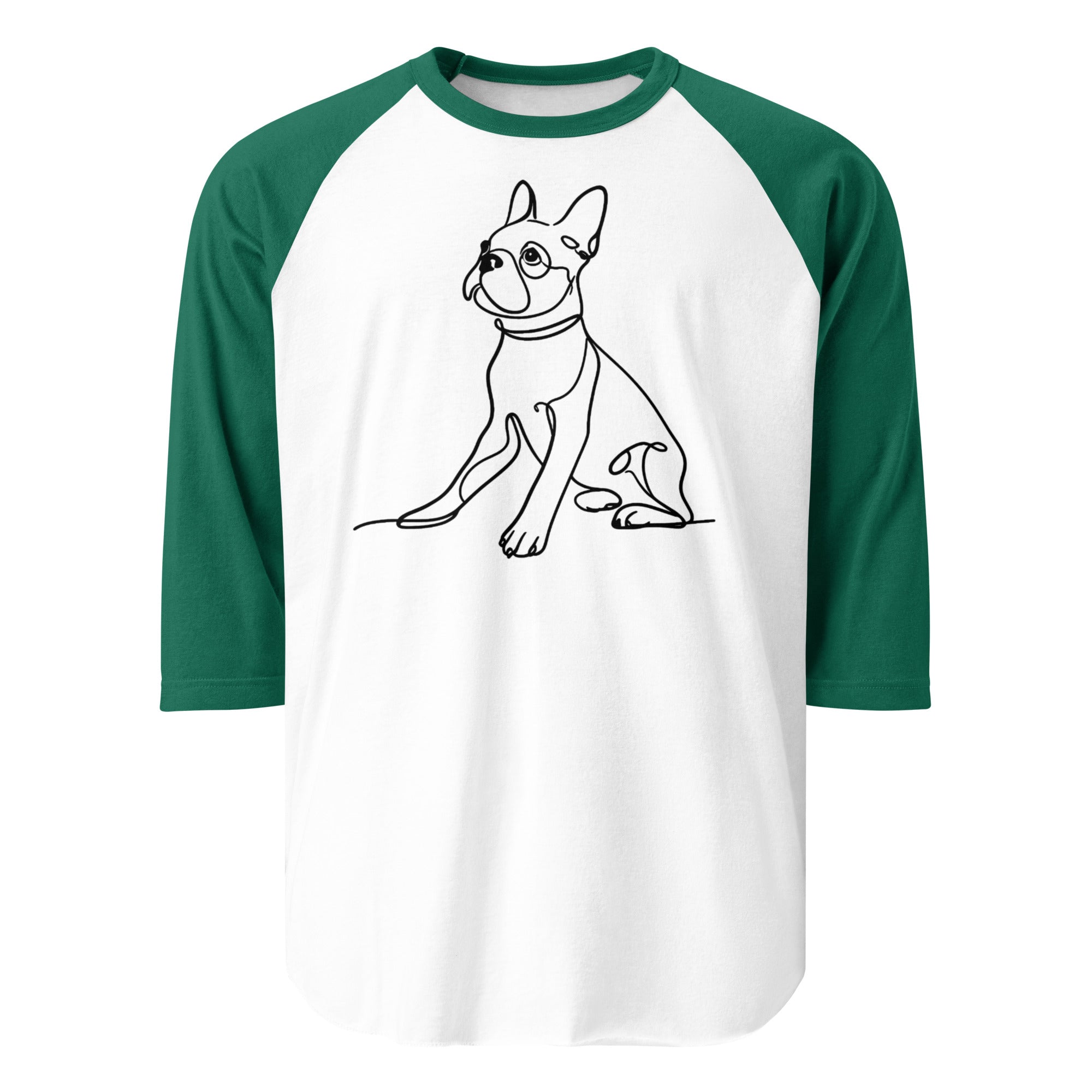 Line Drawn Boston Terrier Dog 3/4 Sleeve Raglan Shirt . White Kelly