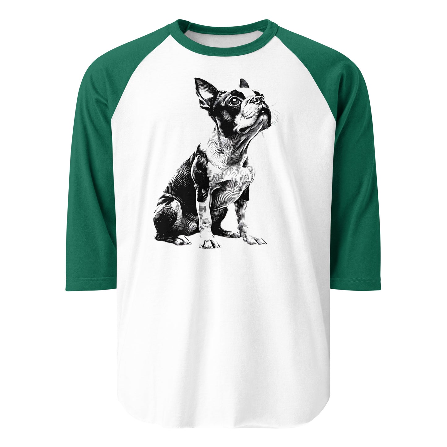 Boston Terrier Line Art 3/4 Sleeve Raglan Shirt . White Kelly