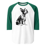 Boston Terrier Line Art 3/4 Sleeve Raglan Shirt . White Kelly