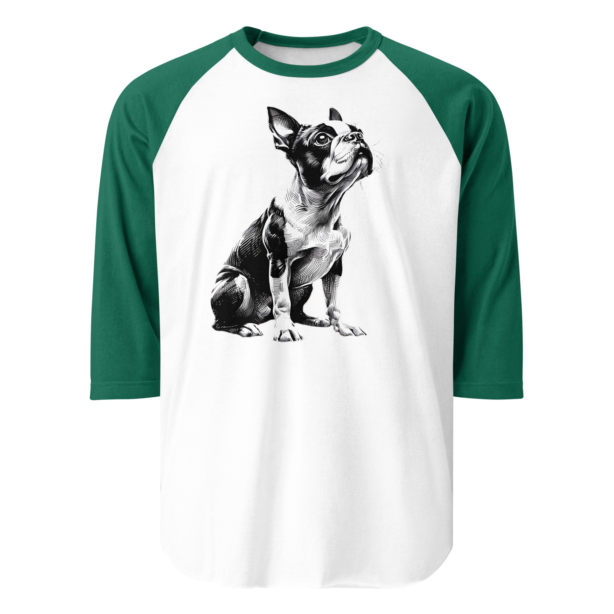 Boston Terrier Line Art 3/4 Sleeve Raglan Shirt . White Kelly