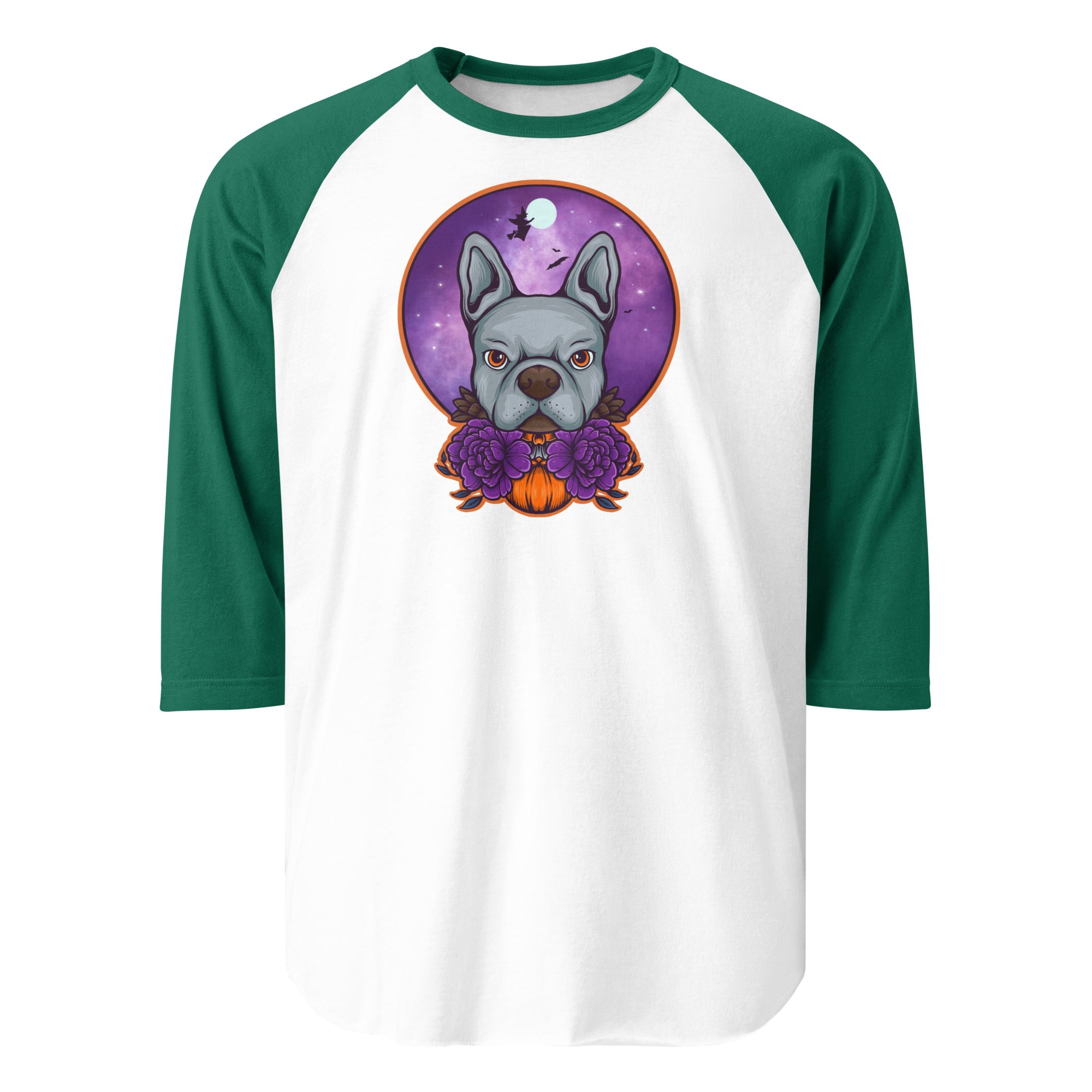 Boston Terrier Halloween 3/4 Sleeve Raglan Shirt . White Kelly