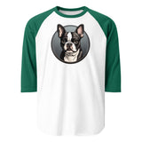 Cartoon Boston Terrier Dog Portrait 3/4 Sleeve Raglan Shirt . White Kelly