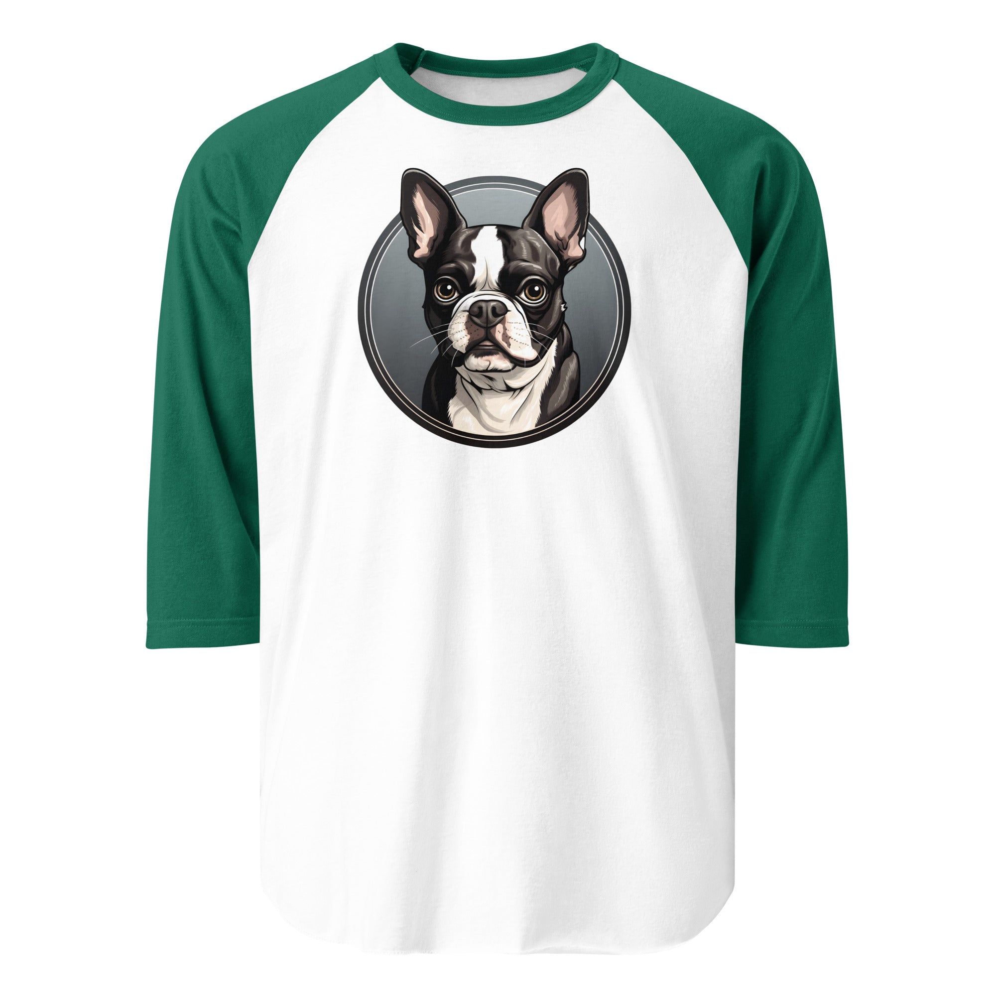 Cartoon Boston Terrier Dog Portrait 3/4 Sleeve Raglan Shirt . White Kelly