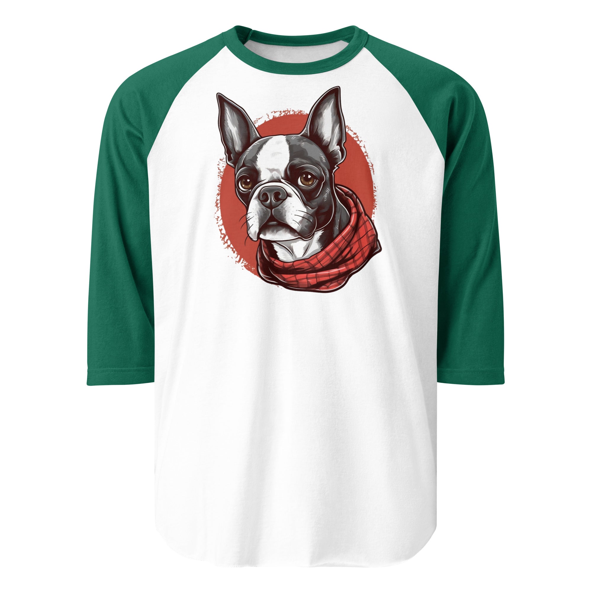 Boston Terrier Red Bandana 3/4 Sleeve Raglan Shirt . White Kelly