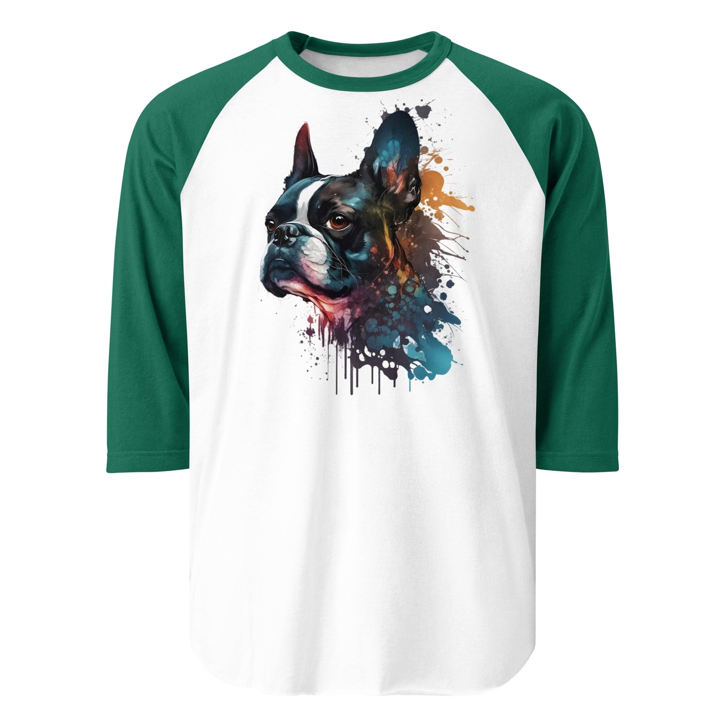 Boston Terrier Art 3/4 Sleeve Raglan Shirt . White Kelly