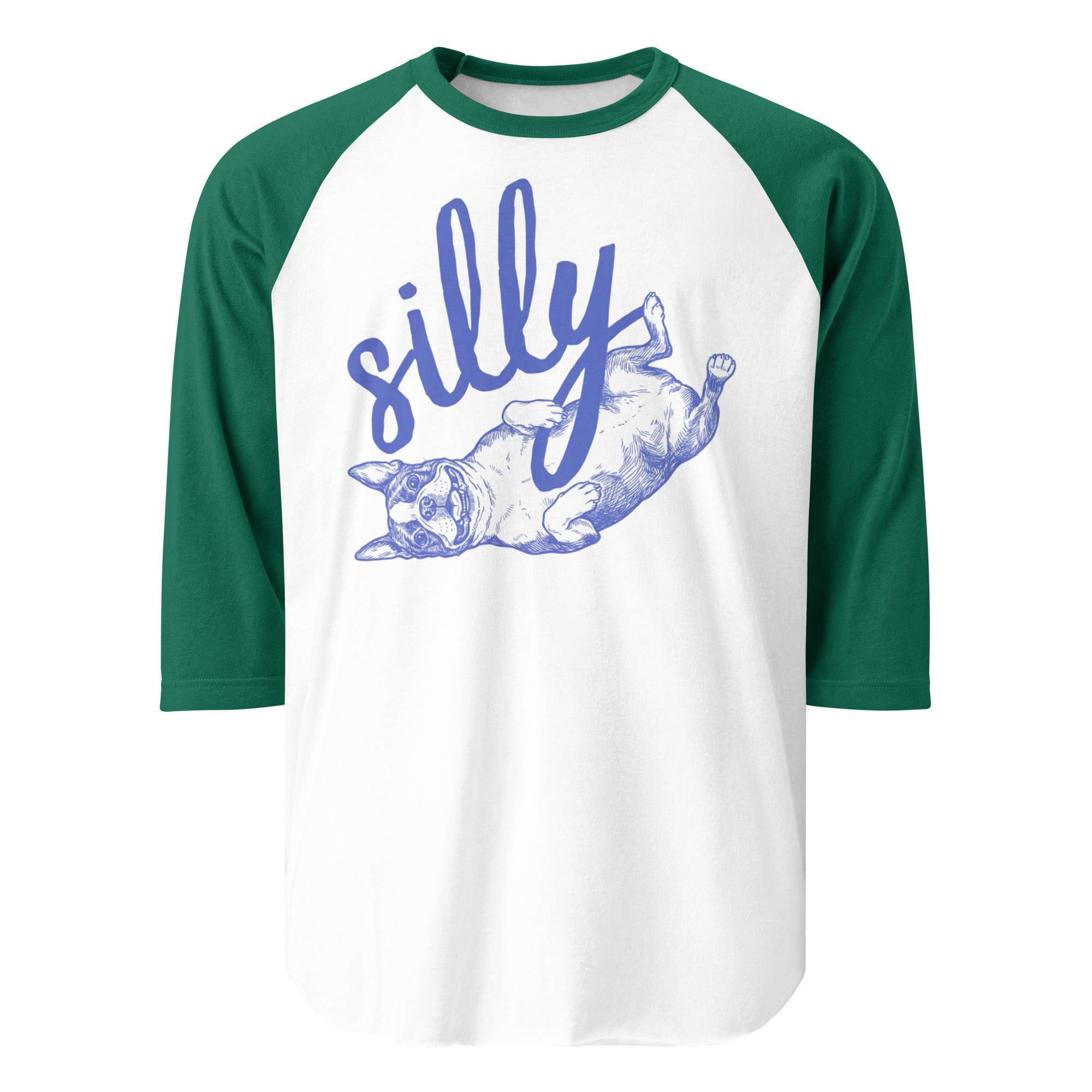 Silly Boston Terrier Dog Upside Down 3/4 Sleeve Raglan Shirt . White Kelly
