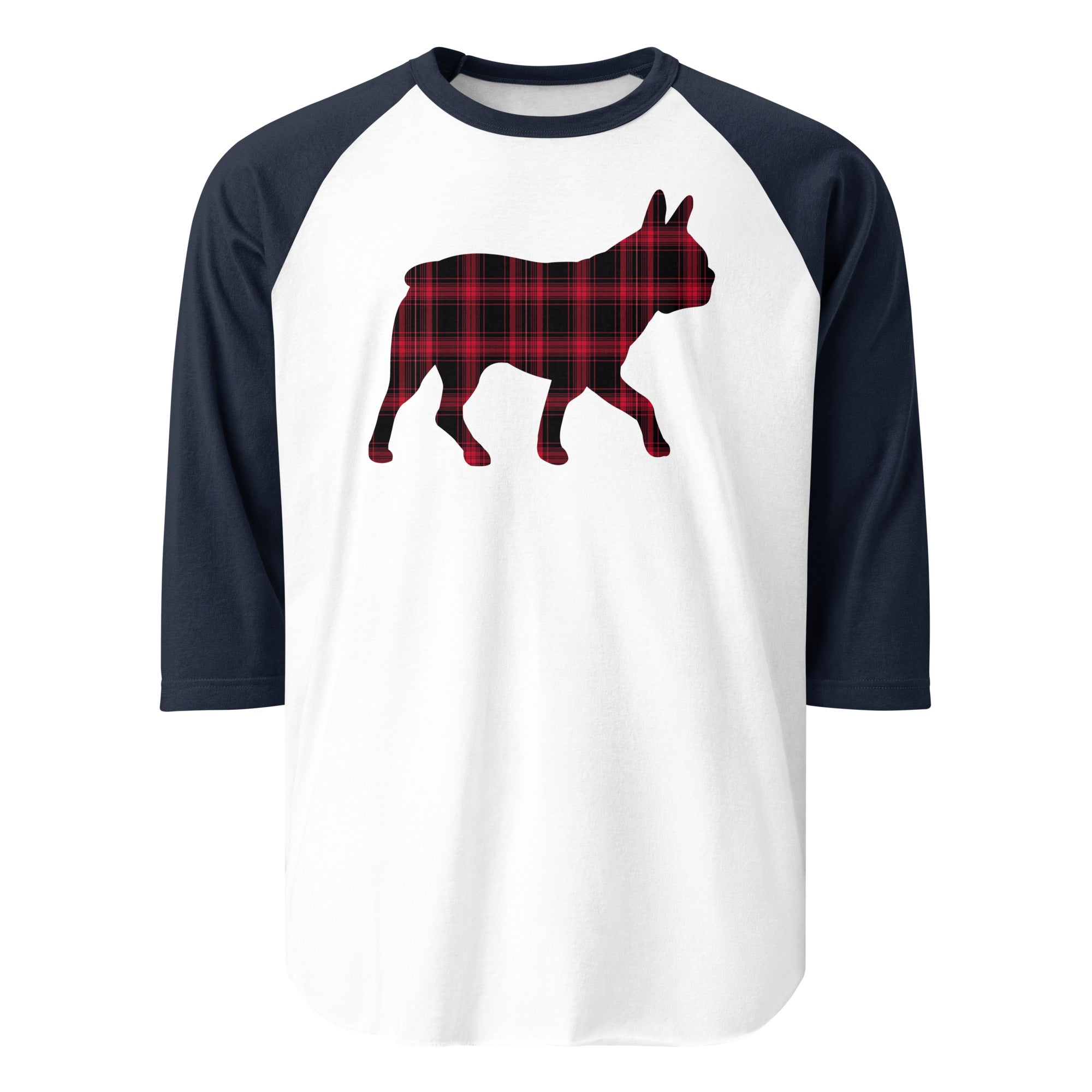 Red Plaid Boston Terrier Dog Silhouette 3/4 Sleeve Raglan Shirt . White Navy