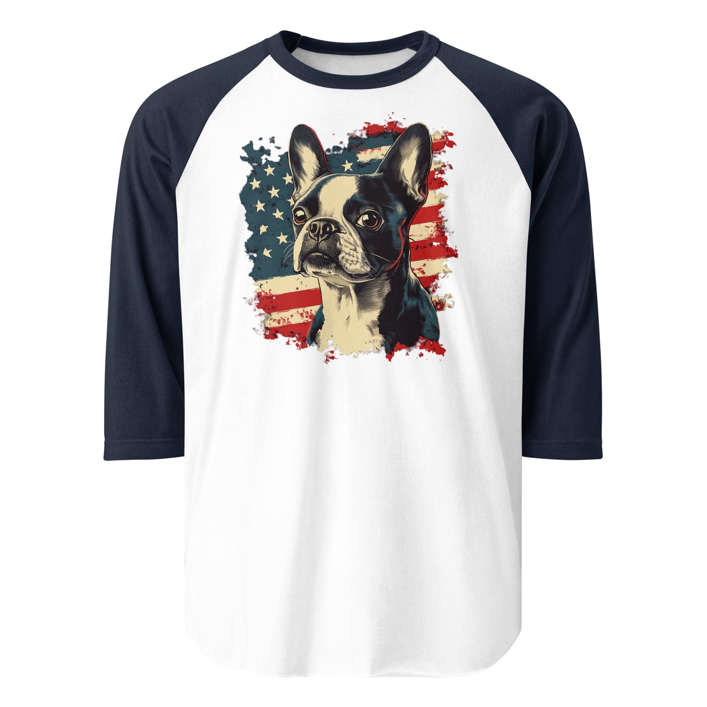 USA Flag United States Boston Terrier Dog 3/4 Sleeve Raglan Shirt . White Navy