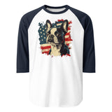 USA Flag United States Boston Terrier Dog 3/4 Sleeve Raglan Shirt . White Navy
