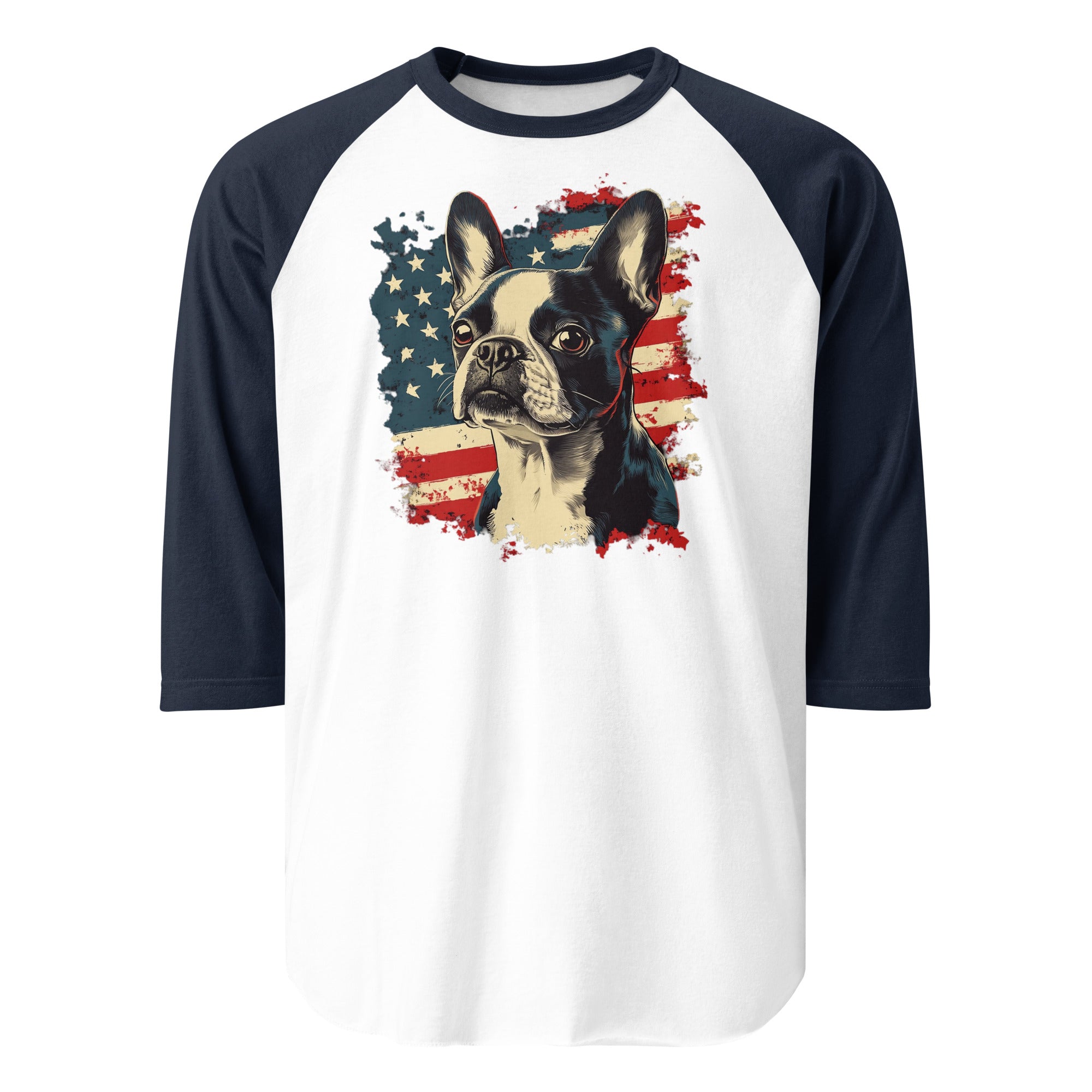 USA Flag United States Boston Terrier Dog 3/4 Sleeve Raglan Shirt . White Navy