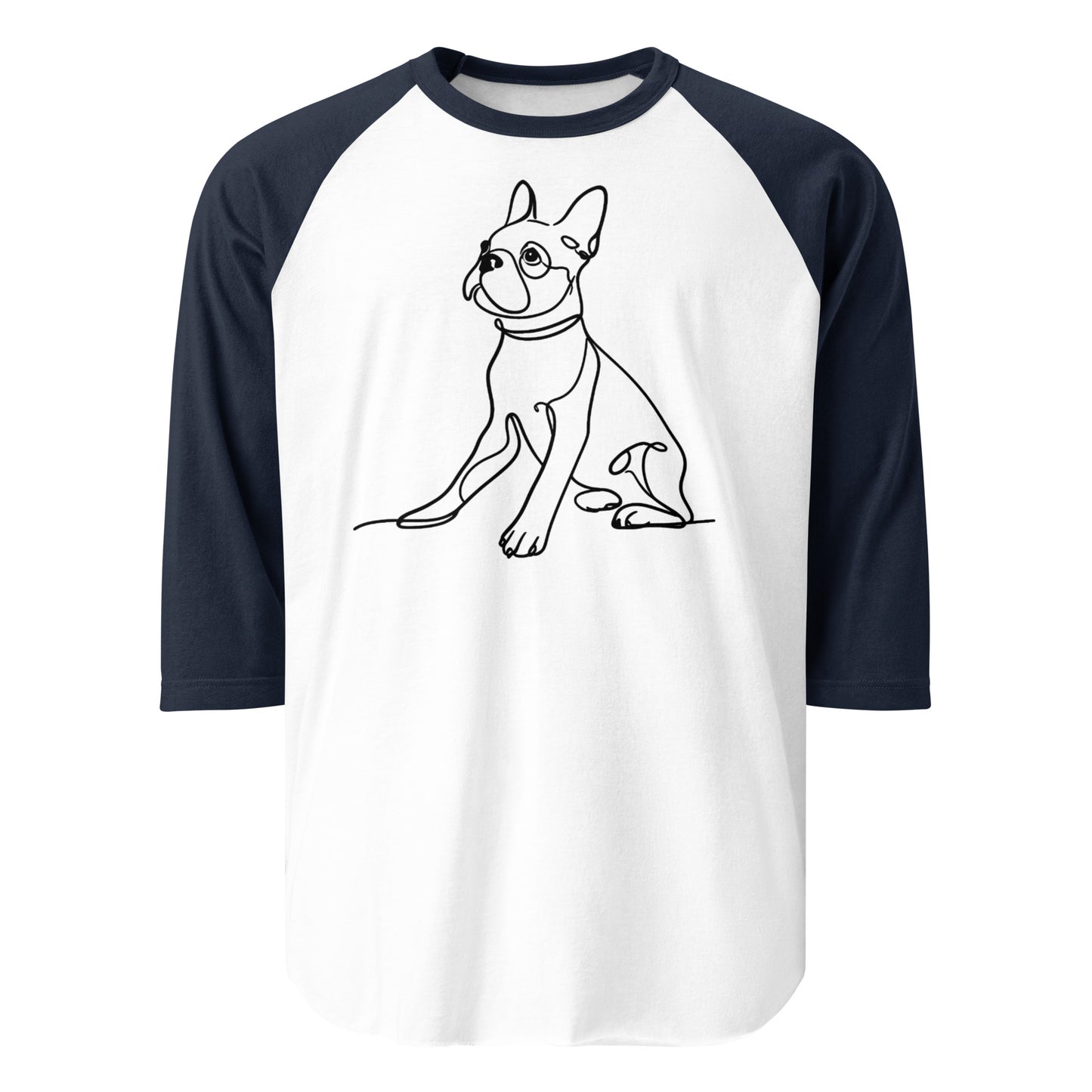Line Drawn Boston Terrier Dog 3/4 Sleeve Raglan Shirt . White Navy