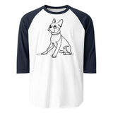 Line Drawn Boston Terrier Dog 3/4 Sleeve Raglan Shirt . White Navy